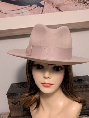 Morgan & Taylor Beige Wool Felt Fedora Hat Wide Brim Ribbon Trim Large NWOT